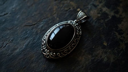 This image features an elegant vintage silver pendant set with a striking black gemstone. The intricate design shines against a dark surface, highlighting its beauty.の素材