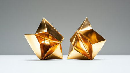 This image features a pair of striking golden geometric sculptures, showcasing modern artistry with intricate folds and reflections against a minimalist backdrop.の素材