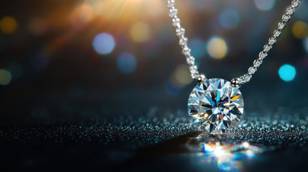 Captivating close-up of a luxurious diamond pendant necklace featuring a brilliant cut stone on a dark, shimmering background. Perfect for showcasing elegance.の素材
