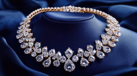 This captivating gold necklace features dazzling diamonds set in an exquisite design, resting elegantly on luxurious blue velvet, showcasing ultimate glamour.の素材