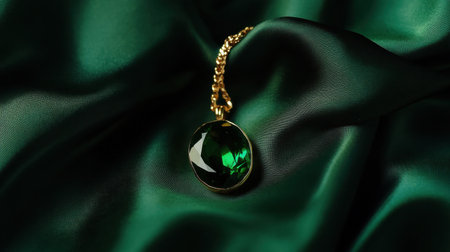 A captivating green gemstone pendant elegantly displayed on soft dark green fabric, showcasing luxurious textures and an exquisite design that highlights beauty and sophistication.の素材