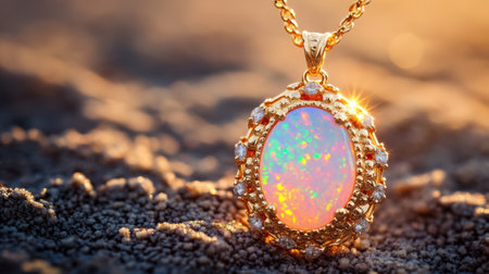 A stunning opal pendant necklace set in an ornate gold frame, glistening with natural light, perfect for enhancing any outfit or occasion.の素材