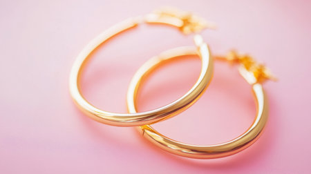 Discover the beauty of these elegant gold hoop earrings set against a soft pink background. Perfect for adding a touch of style to any outfit.の素材