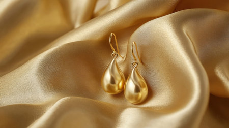 Stunning golden tear drop earrings displayed elegantly on soft satin fabric, showcasing their luxurious shine and delicate design, perfect for any occasion.の素材