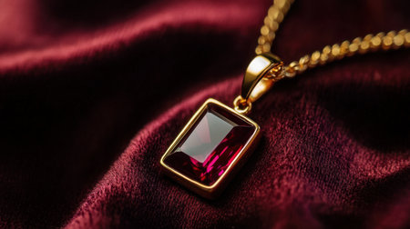 This captivating image showcases an elegant gold necklace featuring a stunning red gemstone. The rich background enhances the luxurious feel, making it perfect for jewelry lovers.の素材