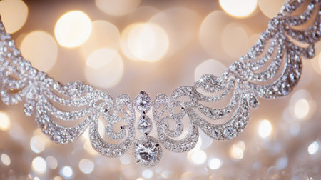 This stunning close-up image captures a beautifully crafted silver necklace adorned with sparkling gems, showcasing its intricate design and luxurious appeal.の素材