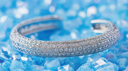 A stunning silver cuff bracelet embellished with numerous sparkling clear crystals, resting elegantly on a vibrant bed of blue gems, perfect for jewelry lovers.の素材