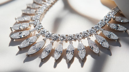 A stunning diamond necklace laying gracefully on a soft surface, radiating elegance and sparkle. Ideal for showcasing luxury, beauty, and sophisticated style.の素材