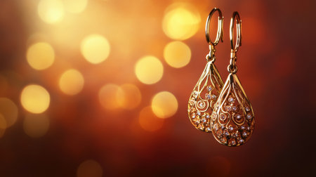 Gorgeous golden earrings featuring intricate designs and decorative gems, beautifully presented against a soft blurred bokeh background, ideal for fashion and jewelry enthusiasts.の素材