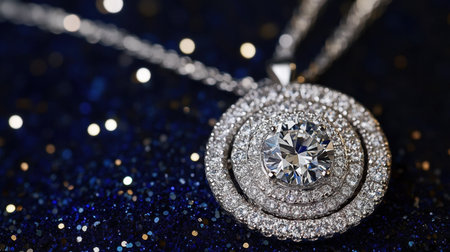 Stunning close-up of an elegant diamond pendant necklace featuring a round cut diamond surrounded by shimmering rings, set on a sparkling blue background.の素材