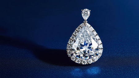 A breathtaking teardrop diamond pendant shines brilliantly against a dark blue backdrop, highlighting its luxurious design and exquisite craftsmanship.の素材