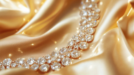 A stunning diamond necklace elegantly drapes over luxurious satin fabric, creating an enchanting visual with soft light reflections that enhances its beauty.の素材
