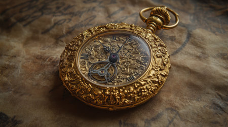 Discover a beautifully crafted vintage gold pocket watch showcasing intricate designs and an exposed mechanism, set against an antique background.の素材