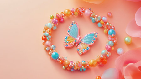A vibrant arrangement featuring a colorful butterfly jewelry set adorned with beads, complemented by soft pastel flowers on a gentle background, perfect for accessory trends.の素材