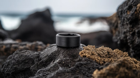 A sleek black ring rests on rough volcanic rock, with a blurred ocean backdrop. This serene and minimalist image captures the beauty of nature and craftsmanship.の素材