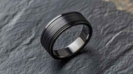 A stunning black wedding band resting on a sleek slate surface, showcasing a modern edge with its elegant and minimalistic design perfect for couples.の素材