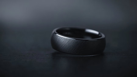 A striking black wedding band rests on a dark surface, showcasing its subtle texture and smooth reflection, perfect for capturing love and promises.の素材