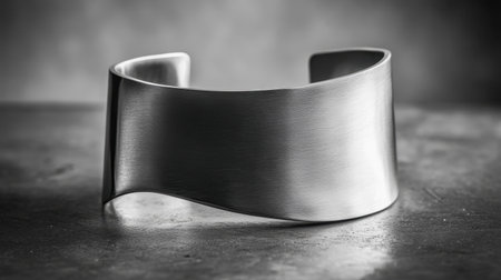 A striking sleek cuff bracelet showcasing a modern design. The polished metal surface reflects light beautifully against a dark background, perfect for fashion enthusiasts.の素材