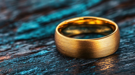 A stunning gold ring resting on a textured wooden surface, highlighting the ring's elegance and craftsmanship. Ideal for themes of love and commitment.の素材