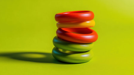 This image features a vibrant stack of colorful rubber bracelets against a bright green backdrop, perfect for conveying playfulness and creativity.の素材