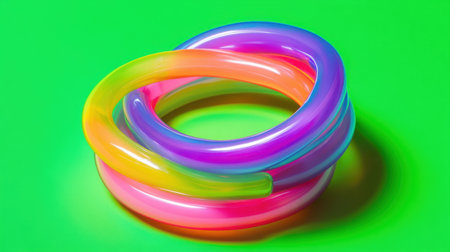 Bright and playful plastic tubes twisted into a circular shape against a vibrant green background, evoking creativity and fun in modern design.の素材