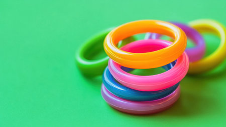 A collection of colorful plastic rings stacked together against a bright green background, creating a cheerful and playful atmosphere perfect for children's accessories.の素材