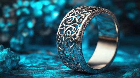 This stunning silver ring showcases elegant floral engravings, reflecting light beautifully against a captivating blue backdrop, perfect for enthusiasts.の素材