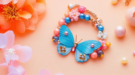 This vibrant and colorful butterfly bracelet features intricate beads and flowers, perfect for adding a playful touch to any outfit. Ideal for spring and summer styles.の素材