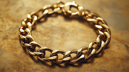 A stunning golden bracelet featuring smooth, interlocking links that exude elegance and sophistication, perfect for fashion enthusiasts and collectors.の素材