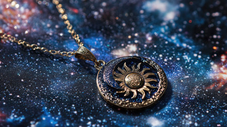 A stunning pendant necklace showcasing an intricate sun and moon design, captured against a vibrant cosmic background full of stars and galaxies.の素材
