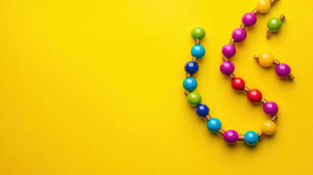 Bright and vibrant beaded jewelry arranged on a sunny yellow background, showcasing artistic flair and creativity, ideal for crafts and decor inspiration.の素材