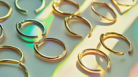 Stunning arrangement of gold and silver earrings captured in soft light, showcasing their elegance and unique design against a colorful background.の素材