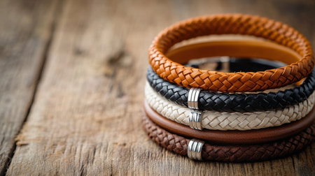 A beautiful arrangement of handcrafted leather bracelets displayed on a rustic wooden surface showcases diverse styles and textures, ideal for fashion lovers.の素材