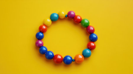 This vibrant image features a circular arrangement of colorful beads set against a bright yellow background, ideal for children's crafts and education.の素材