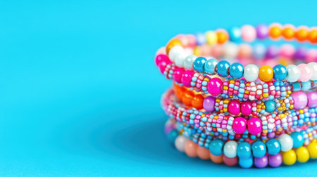 This image features a stack of vibrant beaded bracelets resting on a bright turquoise background, showcasing colorful designs perfect for enhancing any outfit.の素材