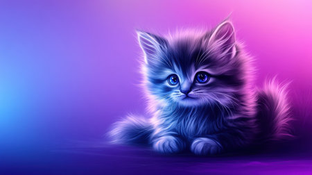 A charming fluffy kitten rests in a whimsical and colorful setting, embodying innocence and playfulness with its bright eyes and soft fur.の素材