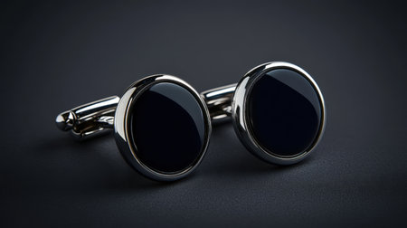 This image features an elegant pair of round black cufflinks set against a dark surface, highlighting their modern design and luxurious appeal for formal wear.の素材