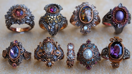 Discover a stunning collection of elegant vintage rings featuring intricate designs and vibrant gemstones, perfect for adding charm to any jewelry collection.の素材
