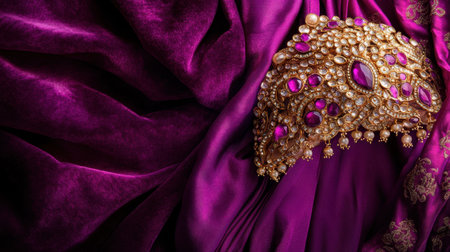 This stunning image showcases elegant purple fabric adorned with intricate gold and gemstone embellishments, perfect for fashion and design inspiration.の素材