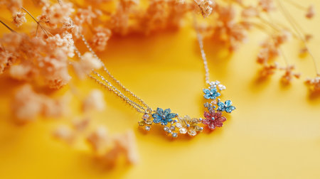 A beautifully crafted floral necklace is artistically displayed against a vivid yellow background, framed by dried flowers for a unique and elegant look.の素材