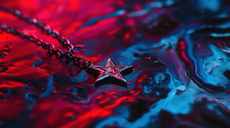 This stunning image captures a star pendant resting on a colorful abstract background. The vibrant lighting creates reflections that enhance the design, making it perfect for jewelry lovers and fashion enthusiasts.の素材