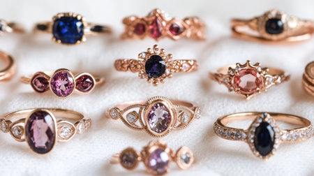 A stunning collection of elegant rings featuring vibrant gemstones set in rose gold, showcasing intricate designs perfect for fashion enthusiasts and jewelry lovers.の素材
