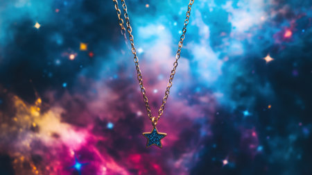 A captivating gold star necklace hangs against a vivid cosmic backdrop filled with swirling colors and sparkling stars, perfect for fashion lovers.の素材
