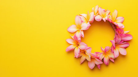 This vibrant floral arrangement features pink and yellow plumeria flowers forming a lovely circular design against a bright yellow background, evoking tropical beauty.の素材
