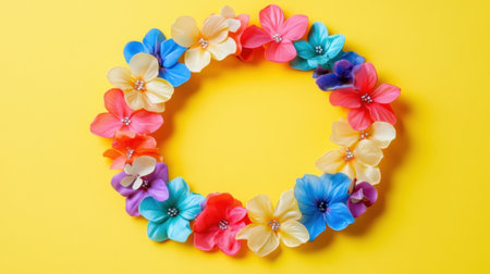 This image features a bright and colorful floral wreath made of various artificial flowers set against a vibrant yellow background, perfect for decoration.の素材