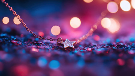 A close-up image of a delicate star necklace resting on a glittery surface, enhanced by vibrant bokeh lights, creating a dreamy and festive atmosphere.の素材