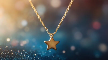 This stunning gold star necklace pendant shines beautifully against a mesmerizing blue background, making it ideal for fashion photography and jewelry displays.の素材