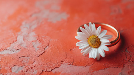 A stunning white daisy flower elegantly rests on a rose gold ring against a textured coral background, creating a striking visual perfect for romantic themes.の素材