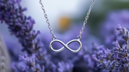 This stunning silver infinity necklace delicately rests on a chain, beautifully framed by vibrant lavender blossoms, symbolizing love and eternity.の素材