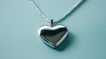 A stunning silver heart pendant shines on a delicate chain necklace, resting gracefully against a soft blue background. Perfect for expressing love.の素材